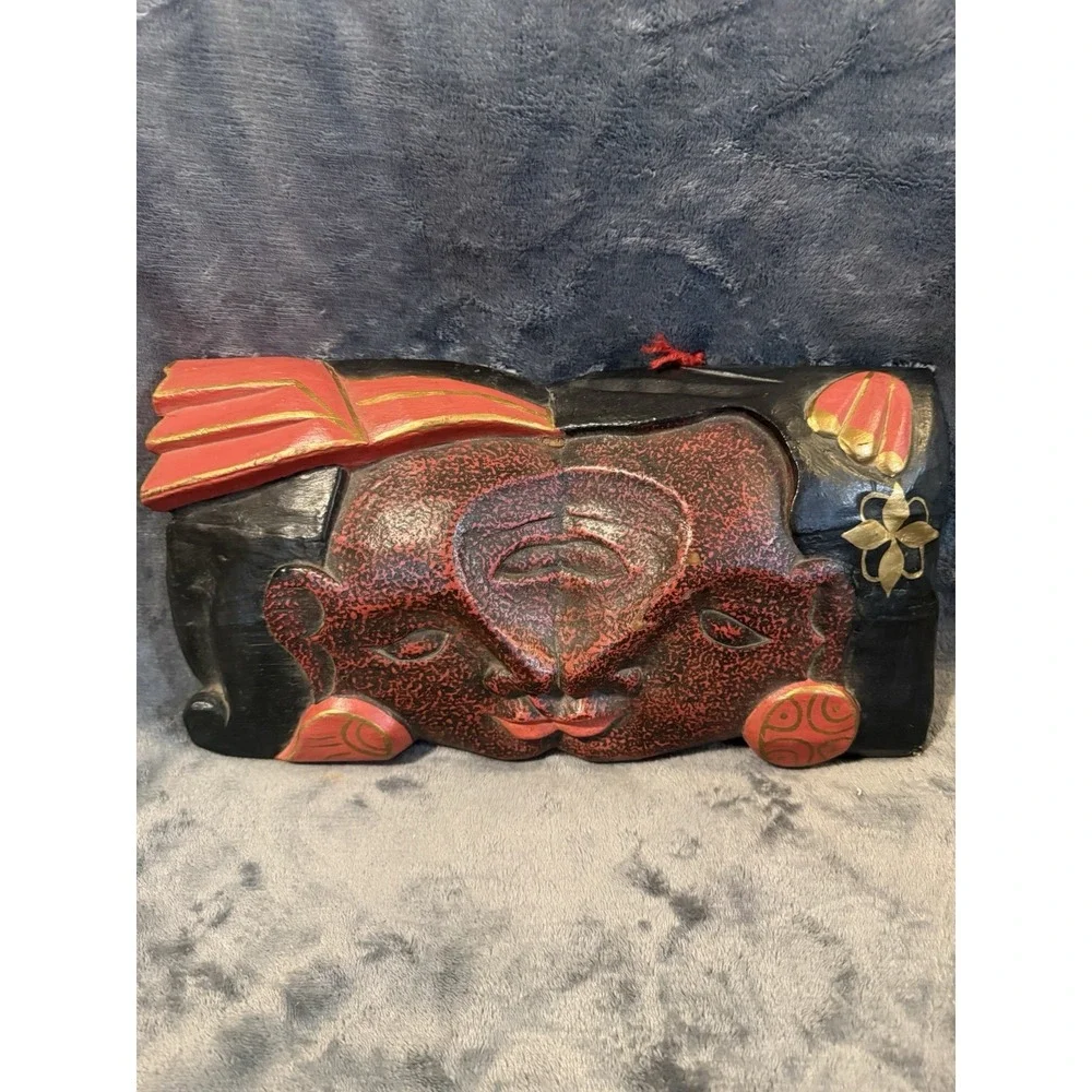 Vintage Indonesian Hand Carved Wooden Dual Face Mask Wall